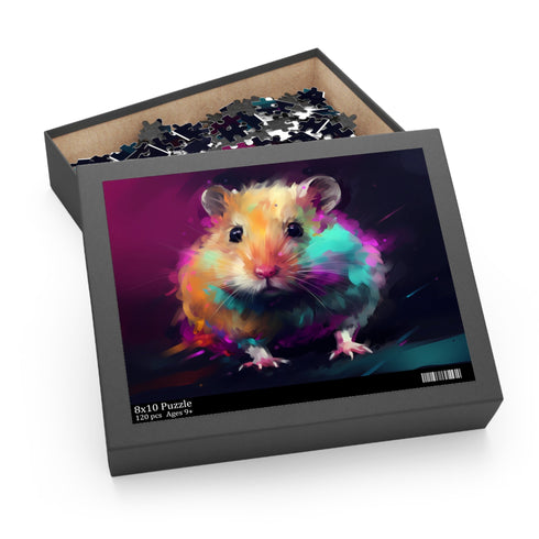 Colorful neon hamster watercolor puzzle, perfect for animal lovers and gamers.