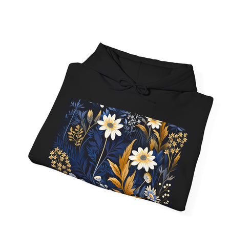 Wildflower meadow dreamscape hoodie in navy, size small.