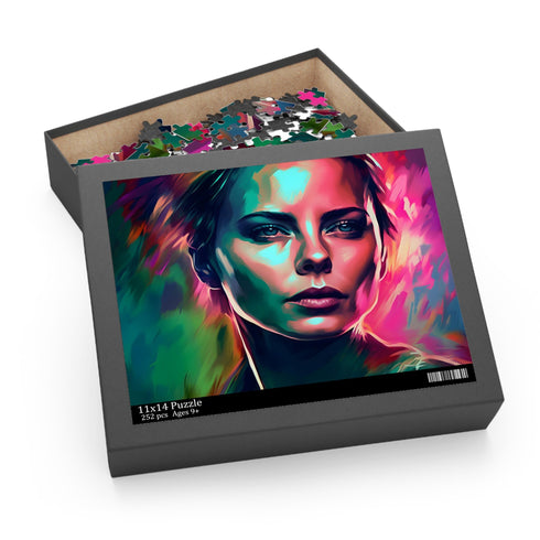 Charlize Theron watercolor puzzle featuring vibrant neon colors, 120 pieces.
