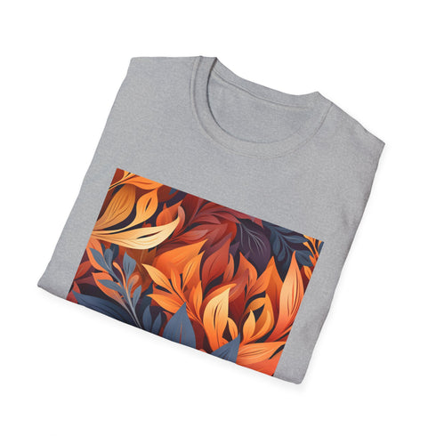 Charcoal autumn-themed cotton T-shirt with vibrant nature tapestry design