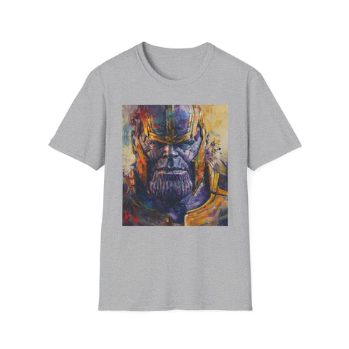 Charcoal crew neck cotton T-shirt with a vibrant Thanos painting design