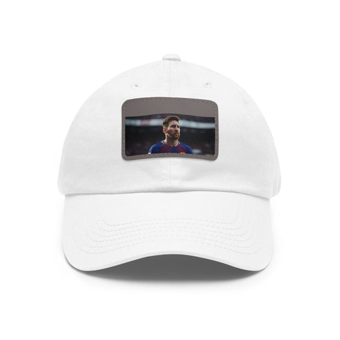 White and light brown Lionel Messi signature baseball cap with rectangle patch.