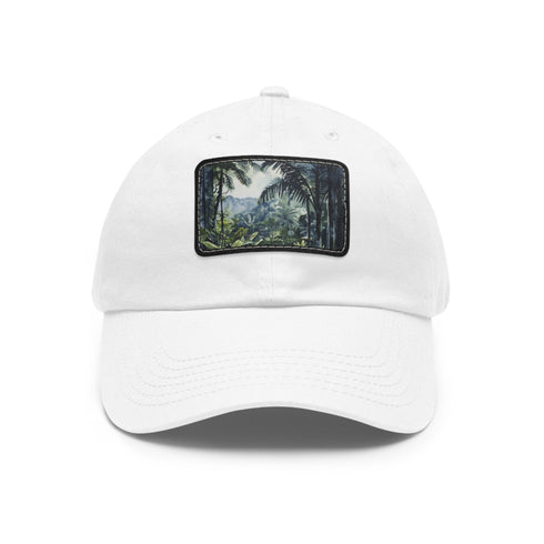 Unisex white cotton cap with light brown patch, rectangular shape.