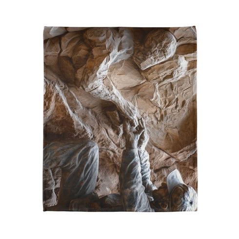Warrior Carving Time into Rock Wall — Plush Fleece Throw Blanket — Product Detail View 7