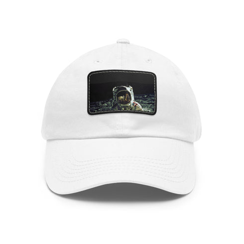White cotton space baseball cap with light brown rectangle patch.