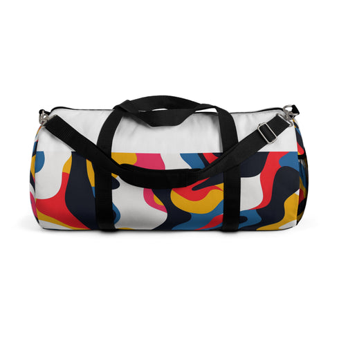 Bold abstract patterned duffel bag for travel or workouts.