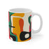 Colorful abstract ceramic coffee mug with bold seamless pattern.