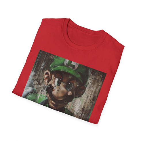 Charcoal cotton T-shirt featuring vibrant Luigi painting crew neck summer staple