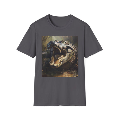 Charcoal cotton t-shirt featuring a fierce crocodile painting.