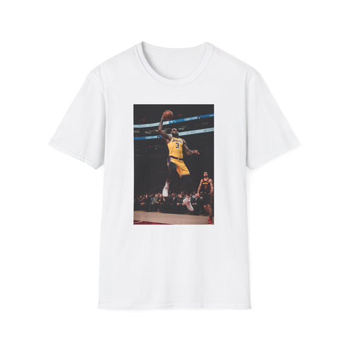 Charcoal cotton T-shirt featuring vibrant LeBron James Lakers graphic design