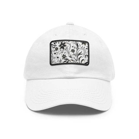 Monochrome baseball cap with repeating pattern design in black and white.