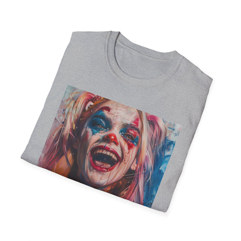 Charcoal Harley Quinn T-shirt with bold brushstrokes and vibrant colors.