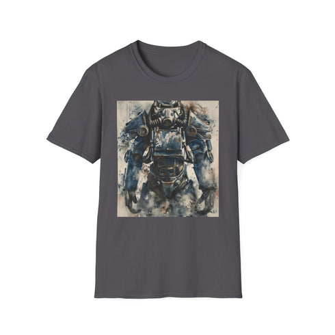 Charcoal crew neck t-shirt with watercolor Power Armor illustration
