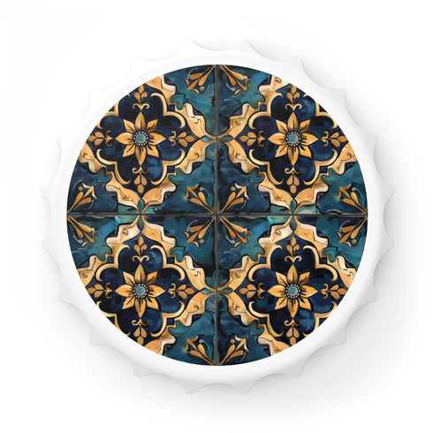 Artisan white tile bottle opener with intricate pattern design for kitchen ambiance.