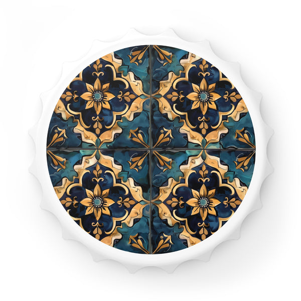 Artisan white tile bottle opener with intricate pattern design for kitchen ambiance.