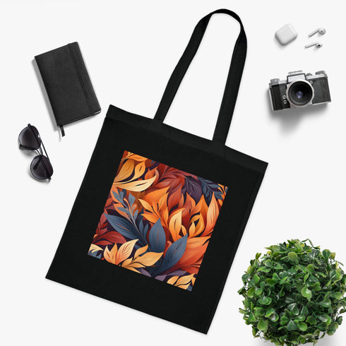 Autumnal black cotton tote bag with vibrant foliage and wildflowers design.