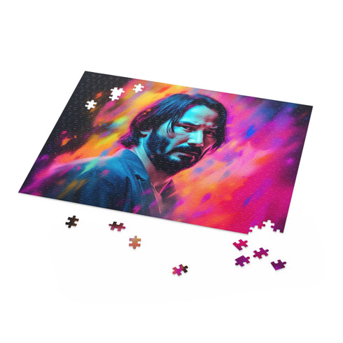 Vibrant watercolor Keanu Reeves puzzle in neon hues, 10" x 8"