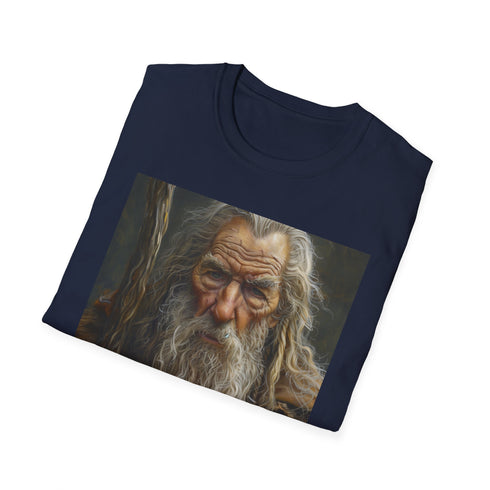 Charcoal crew neck T-shirt featuring vibrant Gandalf portrait in soft cotton