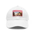 Moroccan-inspired baseball cap in white with light brown patch.