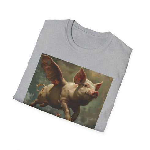 Flying pigs surreal flight t-shirt, charcoal, crew neck, mens/womens summer tee.