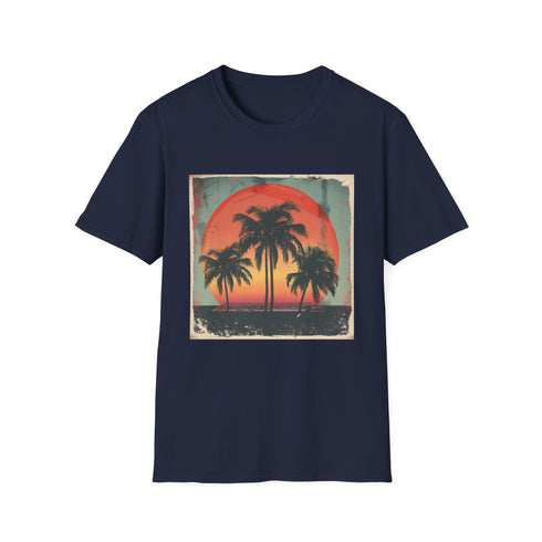 Palm Paradise Retro Sunset Escape Charcoal T-Shirt Regular Fit Men Women