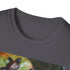Enchanting ocean baby turtles swimming graphic on charcoal t-shirt.