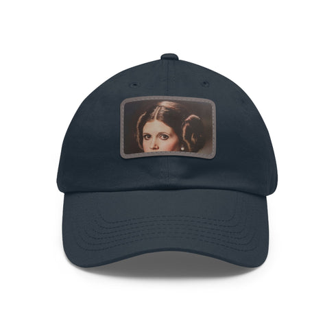 Galactic Princess Leia embroidered white baseball cap with light brown rectangle patch.