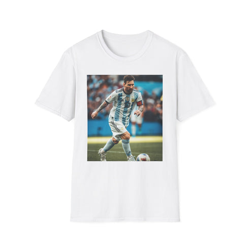 Charcoal cotton t-shirt with vibrant watercolor Messi design embodying Argentinian pride