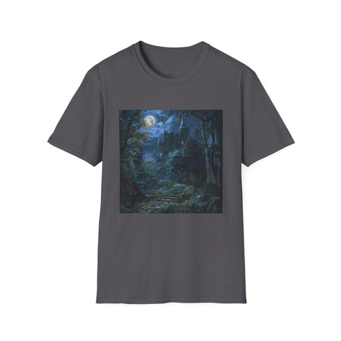 Charcoal cotton crew neck t-shirt with moonlit castle forest design