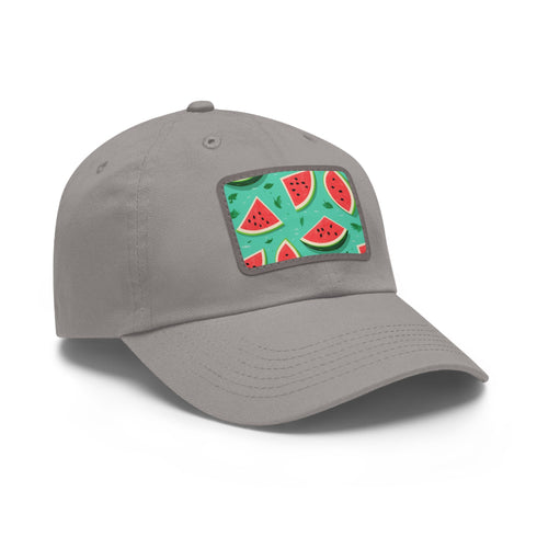 Watermelon Hawaiian print baseball cap, white with light brown patch.