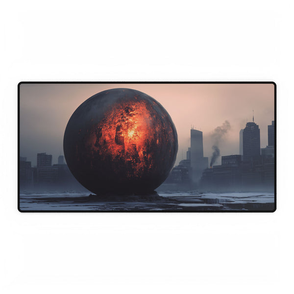 Lava Sphere Orbiting Frozen City ā XL & XXL Desk Mat ā Full Top-Down Artwork View