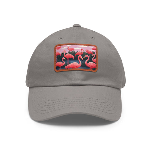 Vibrant pink flamingo print baseball hat in white with light brown patch.