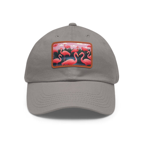 Flamboyant Flamingo Print Baseball Cap in White with Light Brown Rectangle Patch