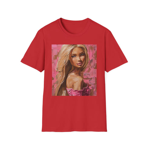 Charcoal crew neck cotton T-shirt depicting vibrant Barbie portrait
