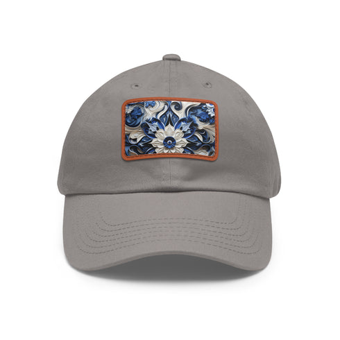Midnight cerulean blue baseball cap with white light brown patch.