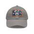 Midnight cerulean blue baseball cap with white light brown patch.