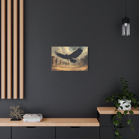 Giant Raven Flying over Desert Ruins Stretched Canvas Wall Art