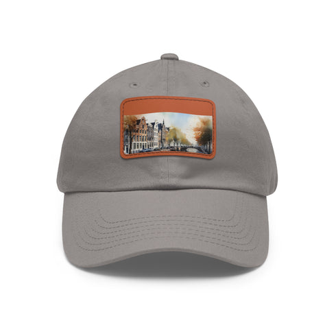 Amsterdam skyline snapback cap with white/light brown patch design.