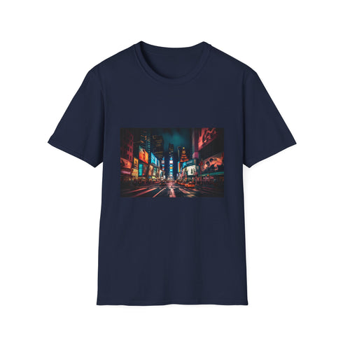 Charcoal cotton crew neck T-shirt with vibrant New York City night scene design