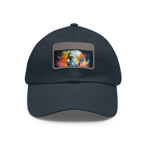 Neon watercolor Jeff Bezos cap in white with light brown patch.