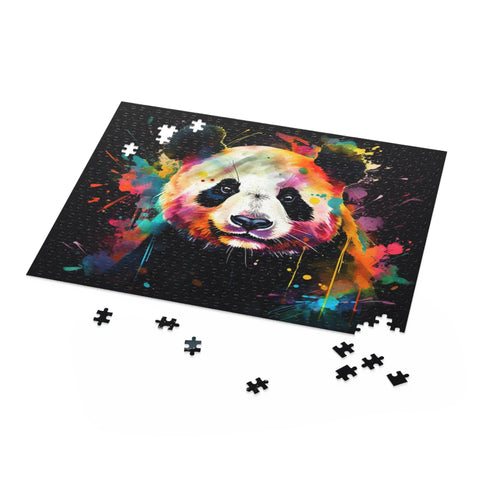 Whimsical watercolor panda puzzle featuring colorful flora and fauna.
