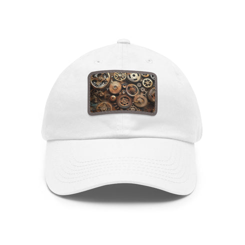 Steampunk cap with gears and cogs, White / Light Brown patch.