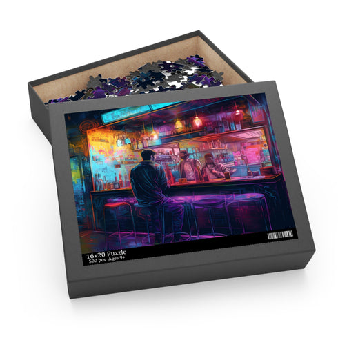 Vibrant neon bar watercolor puzzle, brightening leisure time with unique design.