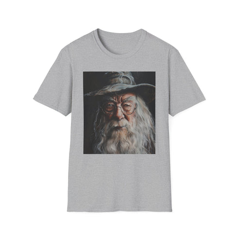 Charcoal cotton crew neck tee, Albus Dumbledore portrait, summer fashion statement.