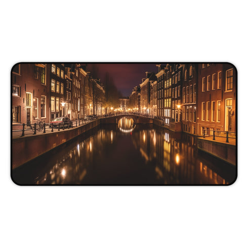 Amsterdam Canals Night Desk Mat - Transform your workspace with stunning image of iconic canals at night