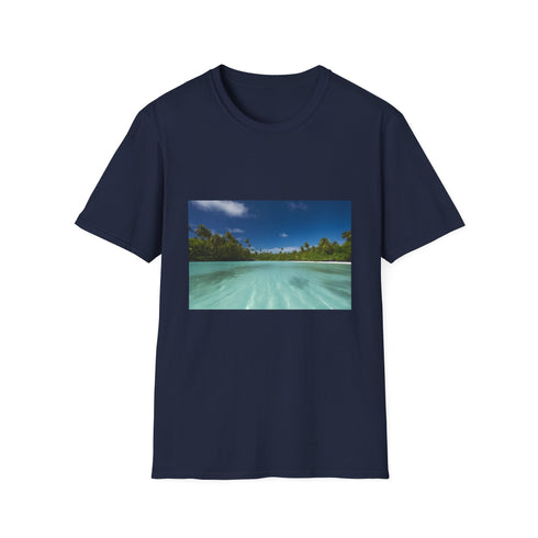 Charcoal cotton crew neck T-shirt with idyllic Aitutaki lagoon scenic design