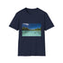 Charcoal cotton crew neck T-shirt with idyllic Aitutaki lagoon scenic design