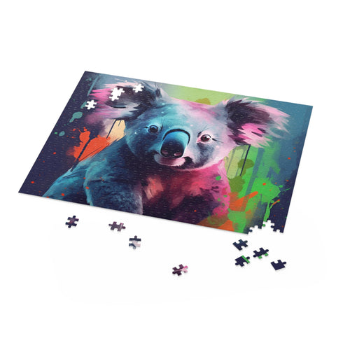 Cute koala watercolor puzzle with vibrant colors and intricate details.