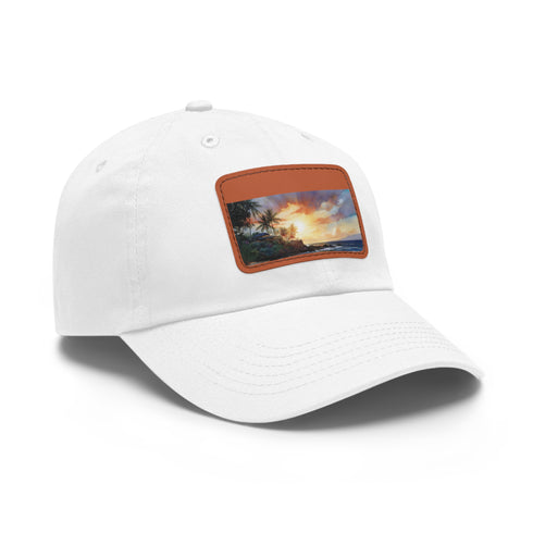 Hawaiian sunset paradise cap in white with light brown patch.
