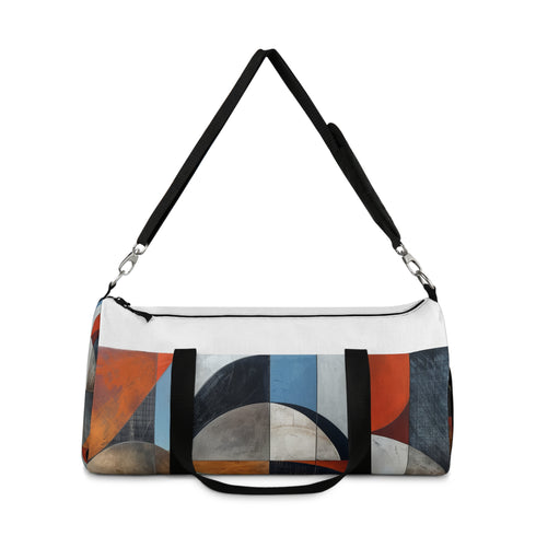 Geometric chaos duffel bag with abstract multi-color shapes design.
